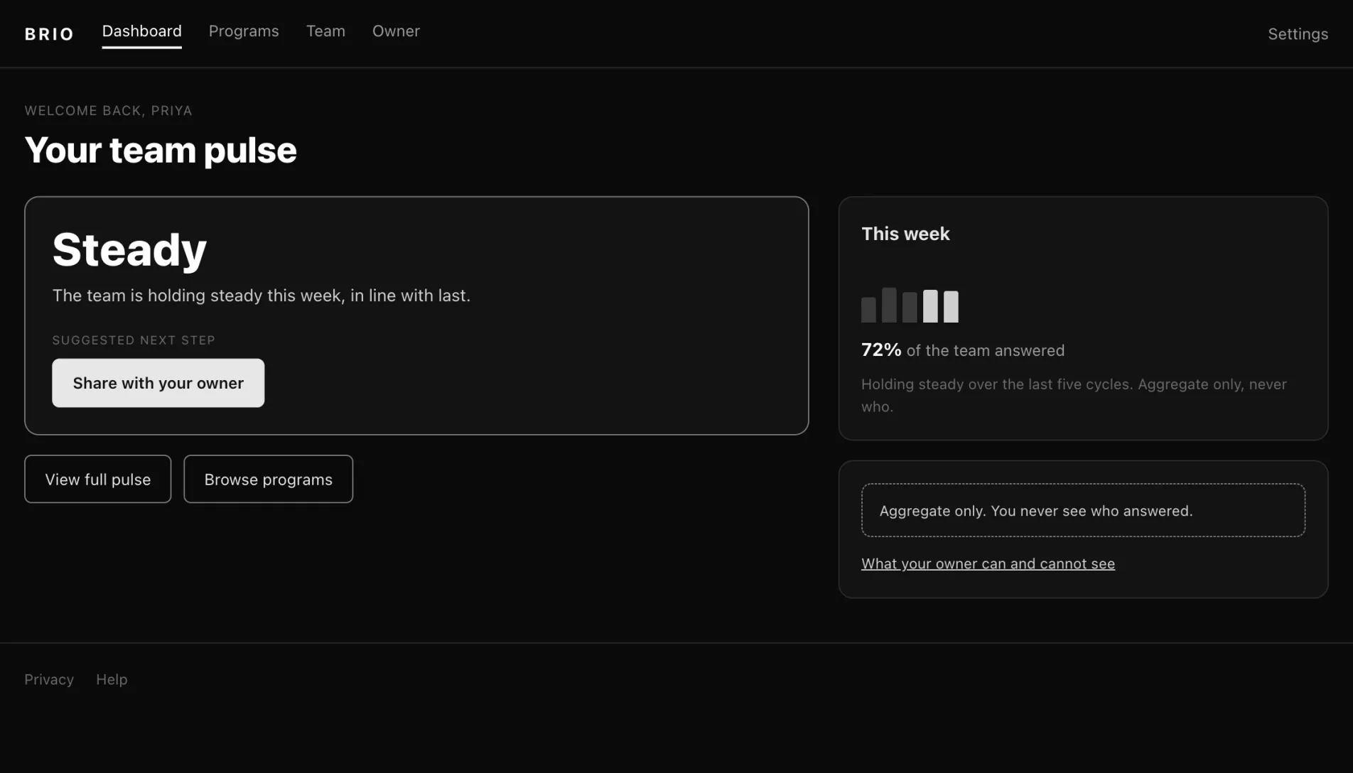 Brio dashboard: a team pulse reading Steady with one suggested next step, a weekly participation figure of 72 percent, and a note stating that answers are aggregate only.