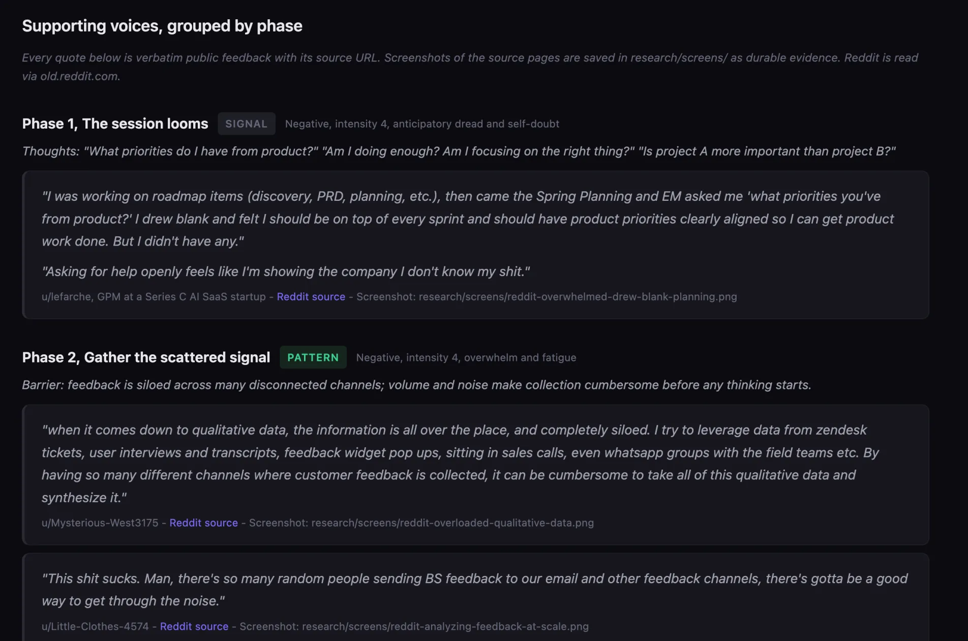 Sift research page: customer quotes grouped by journey phase, each with the poster, a source link and the path to a saved screenshot of the original page.