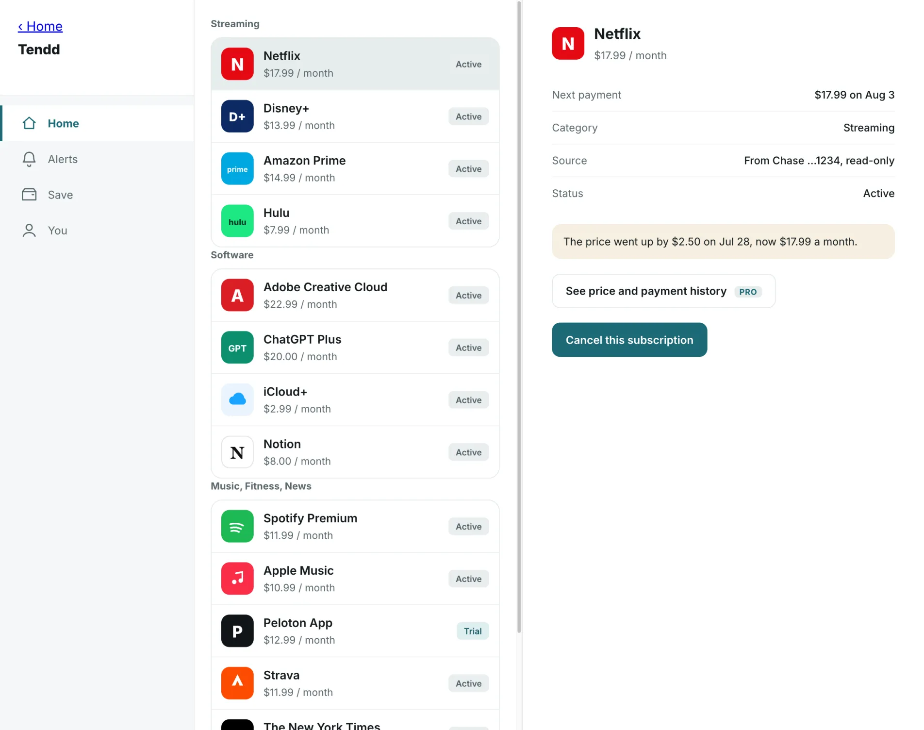Tendd subscription detail: Netflix at 17 dollars 99 a month, its next payment, category, source account marked read-only, and a price change notice above the cancel control.