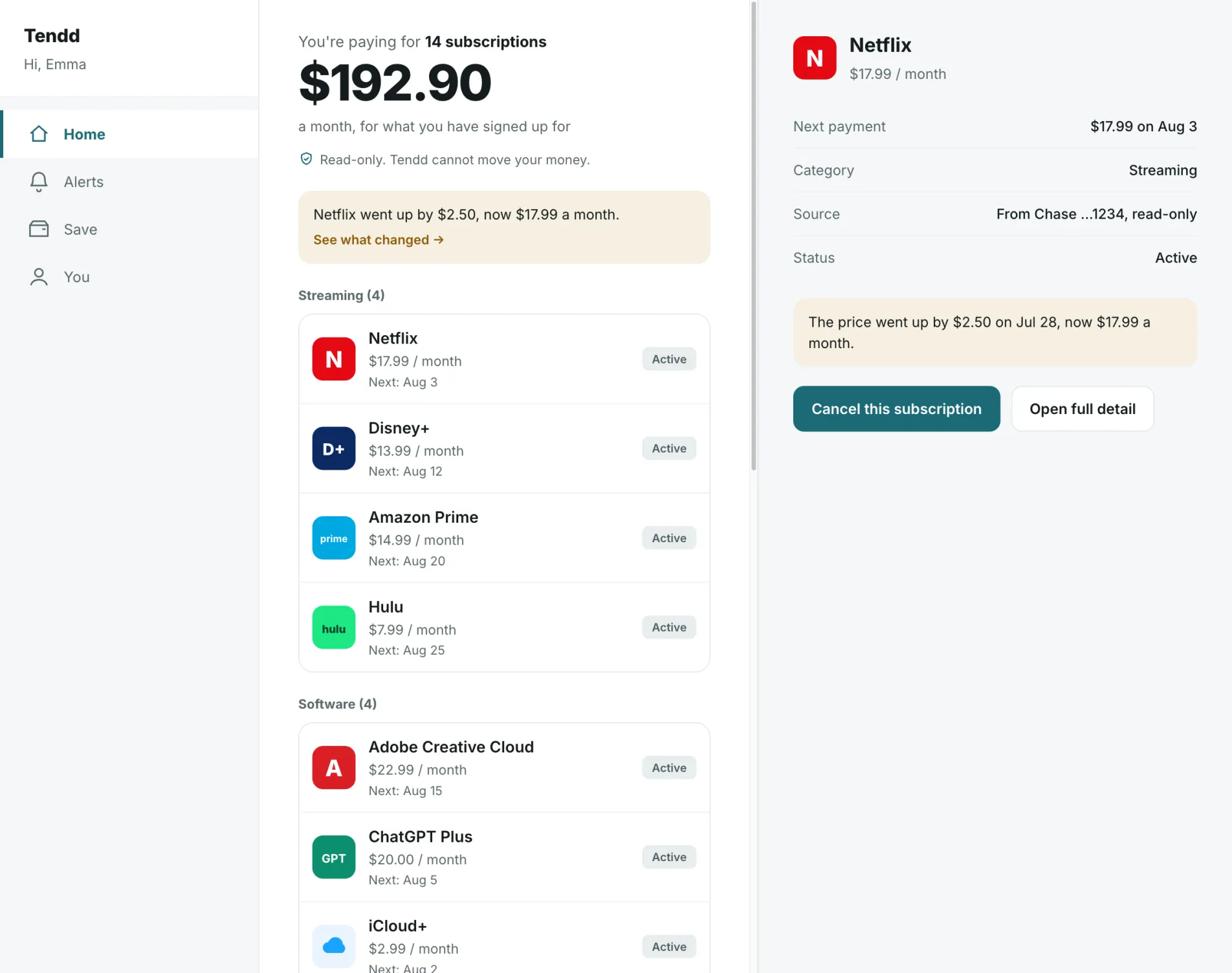 Tendd home screen: a monthly total of 192 dollars 90, a read-only reassurance line, a price change notice for Netflix, and subscriptions grouped by category with their next payment dates.