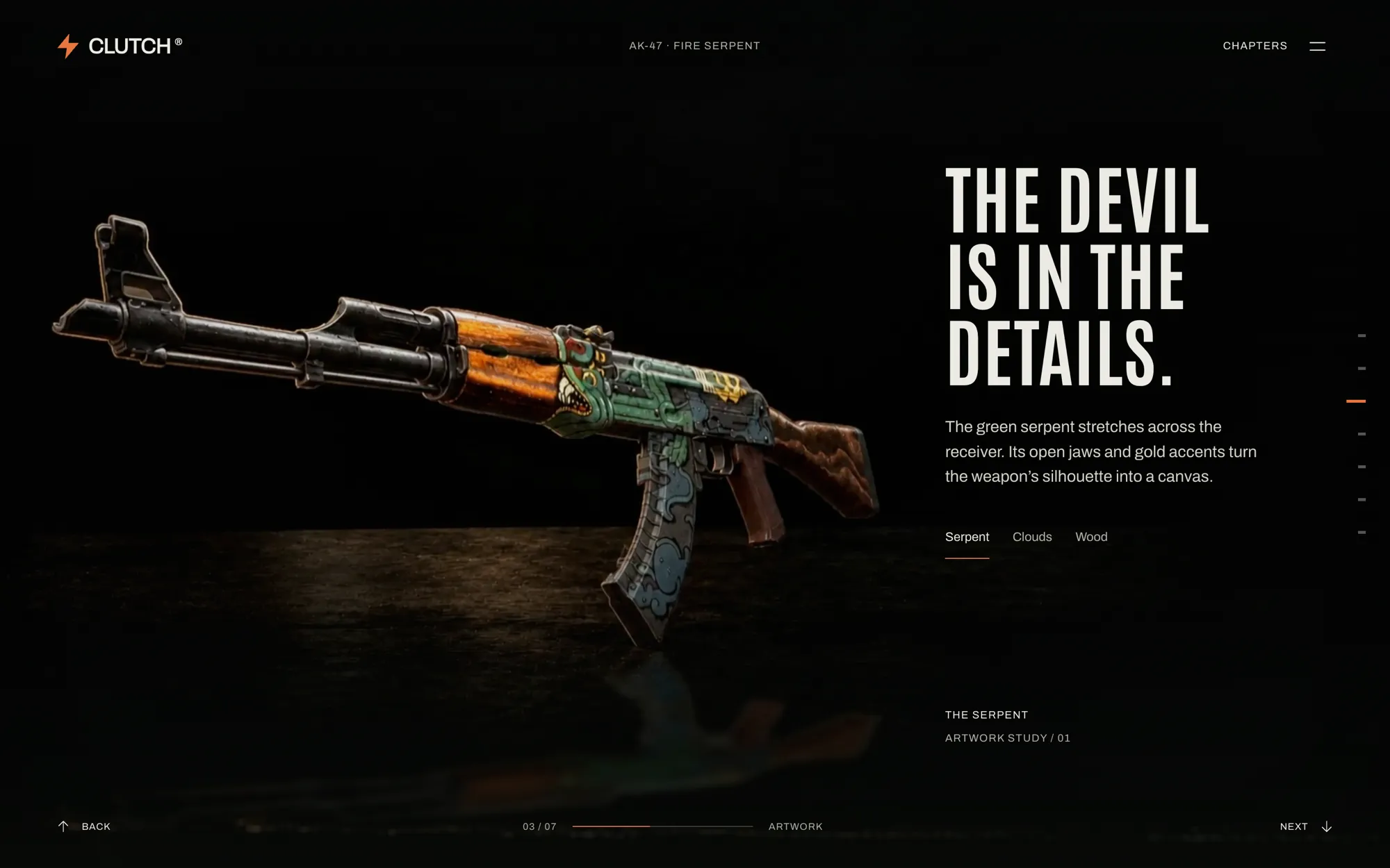 The Artwork chapter: the rifle at an angle on a dark floor with tabs for the serpent, clouds and wood.