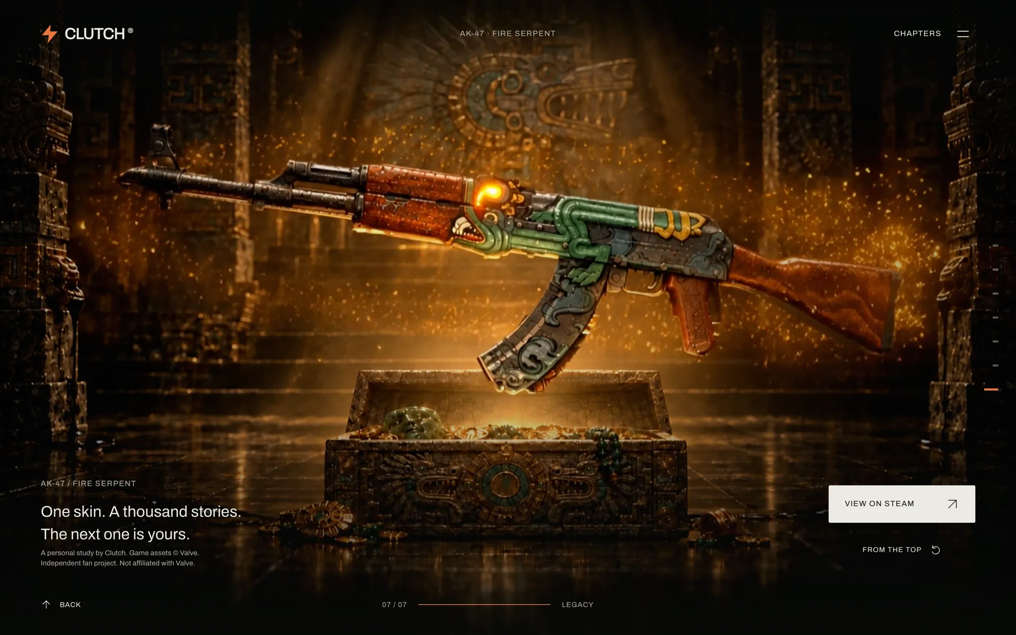 The Legacy chapter: the rifle over a glowing chest in a temple, with the line One skin, a thousand stories.