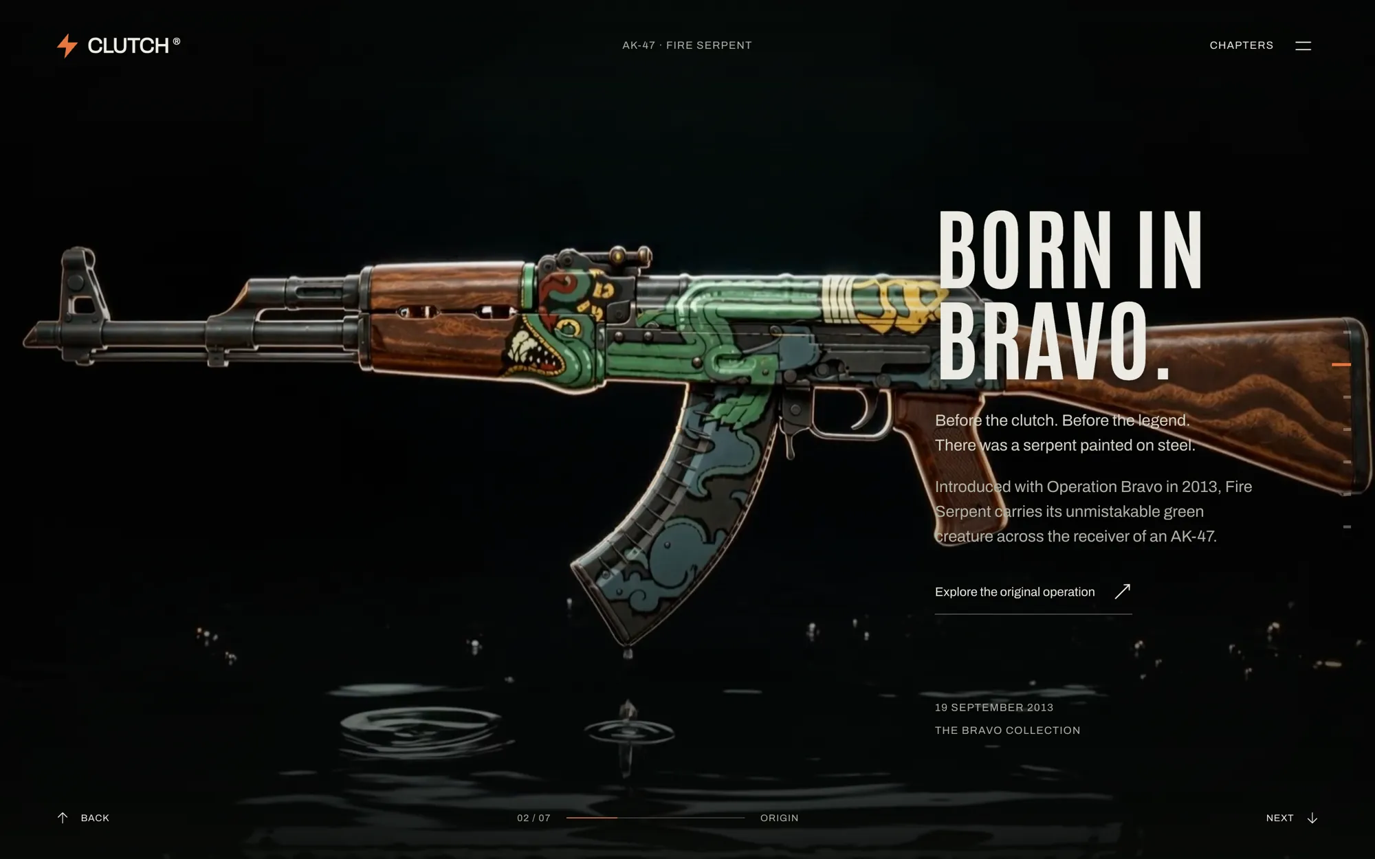 The Origin chapter: the rifle above dark water with the line Born in Bravo and a note on the 2013 operation.