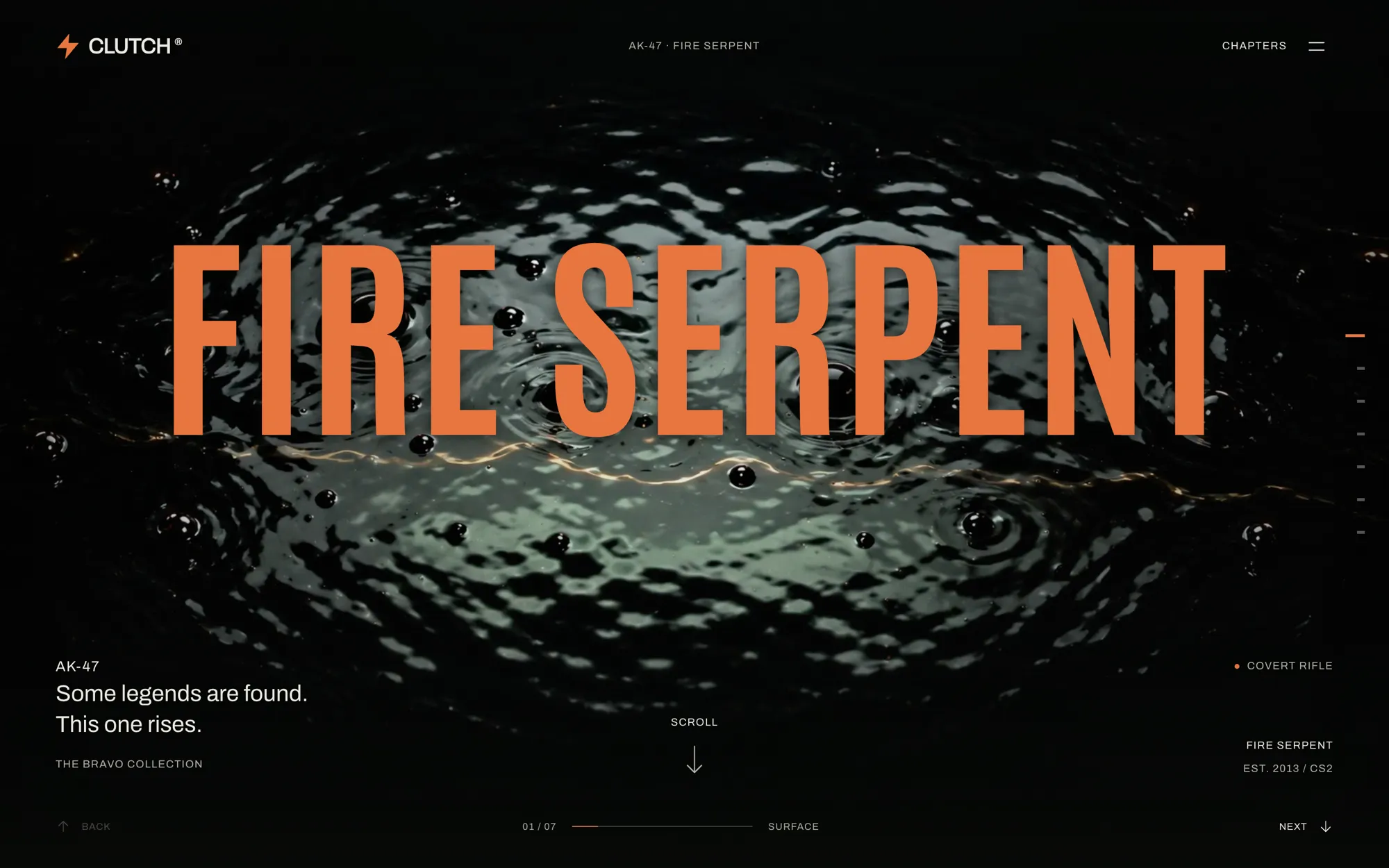 The Surface chapter: FIRE SERPENT in orange over dark rippling water, with the line Some legends are found, this one rises.