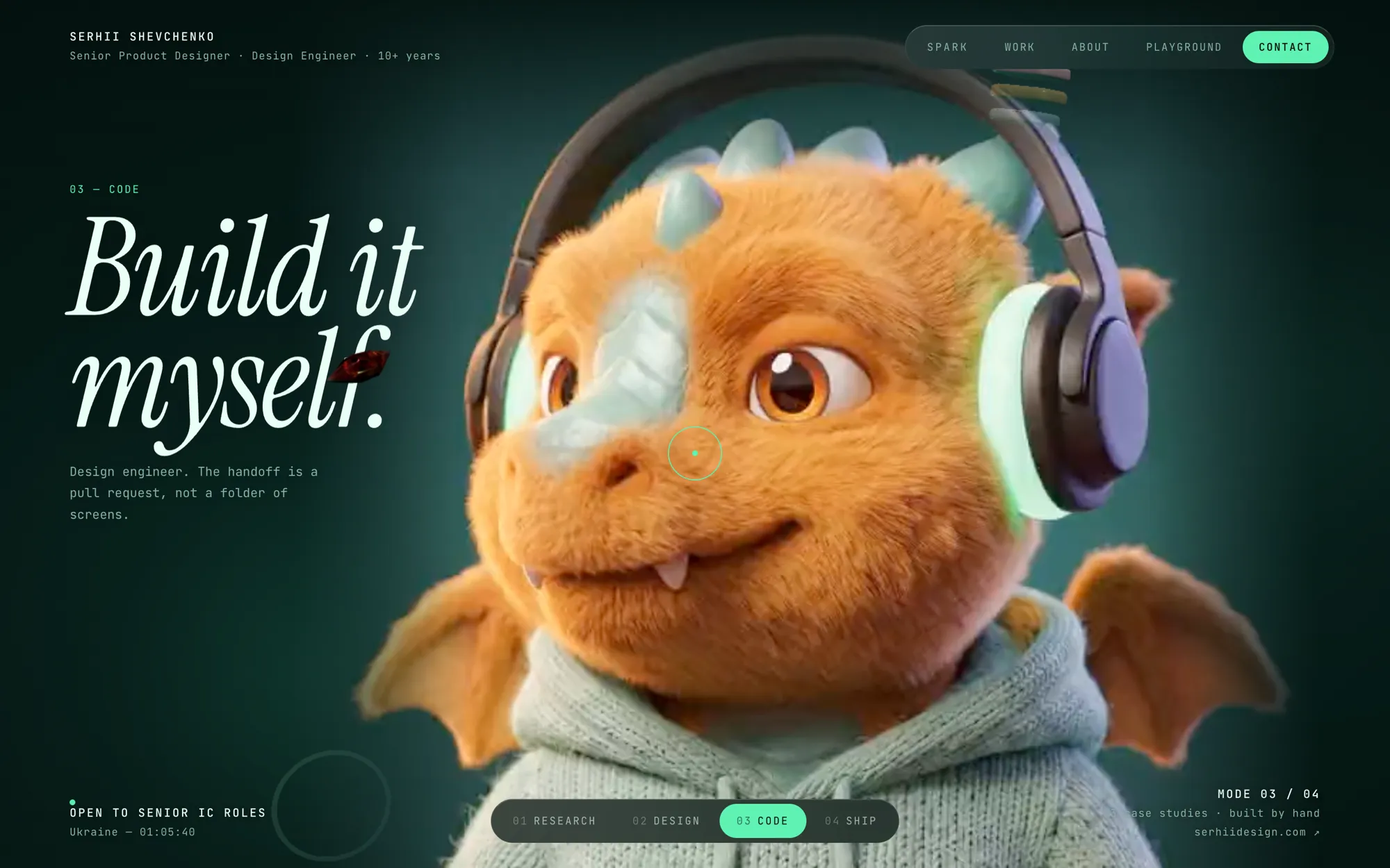 Code mode: the dragon in headphones and a mint hoodie on dark green.