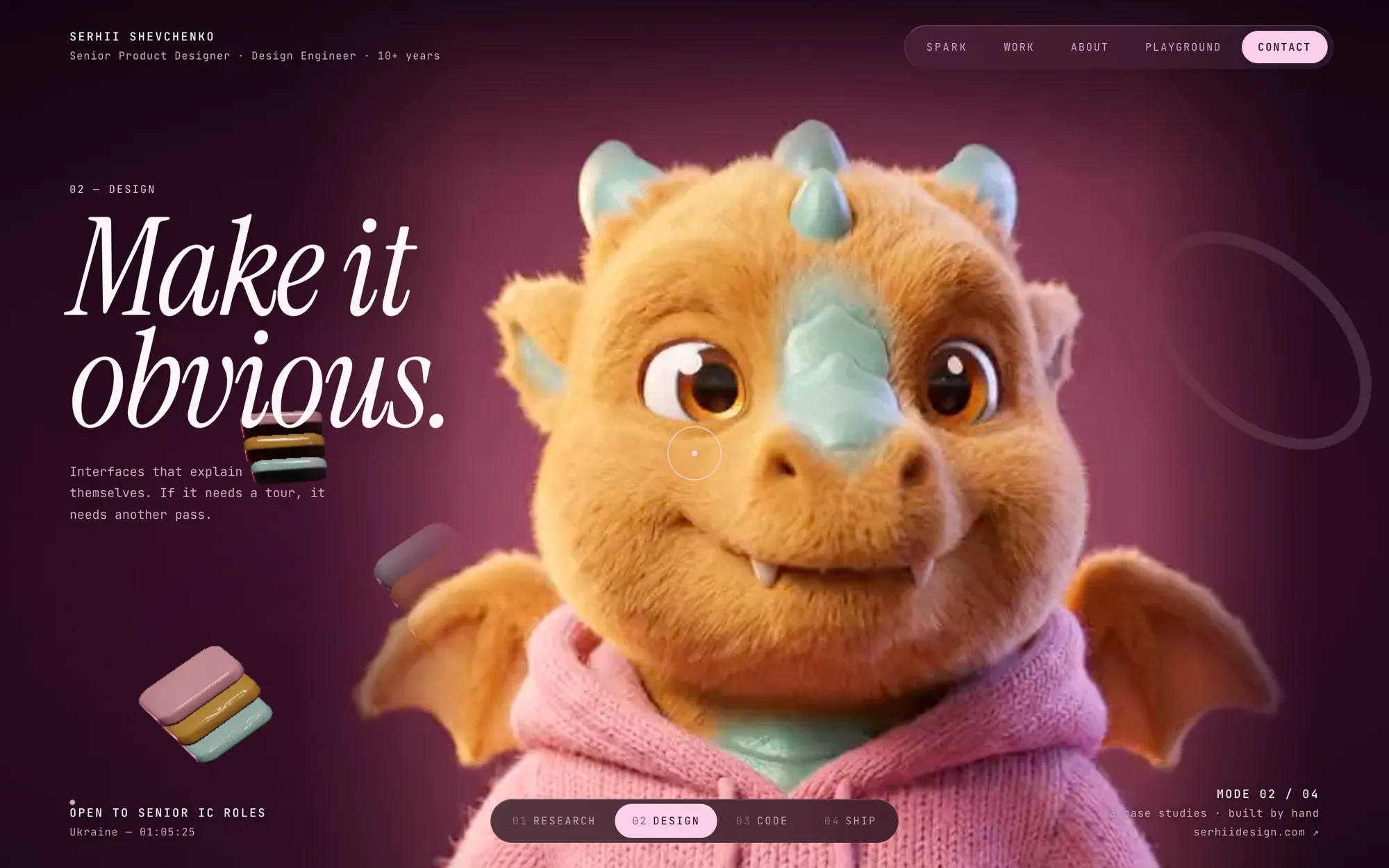 Design mode: the dragon in a pink hoodie on magenta with colour swatches floating around him.