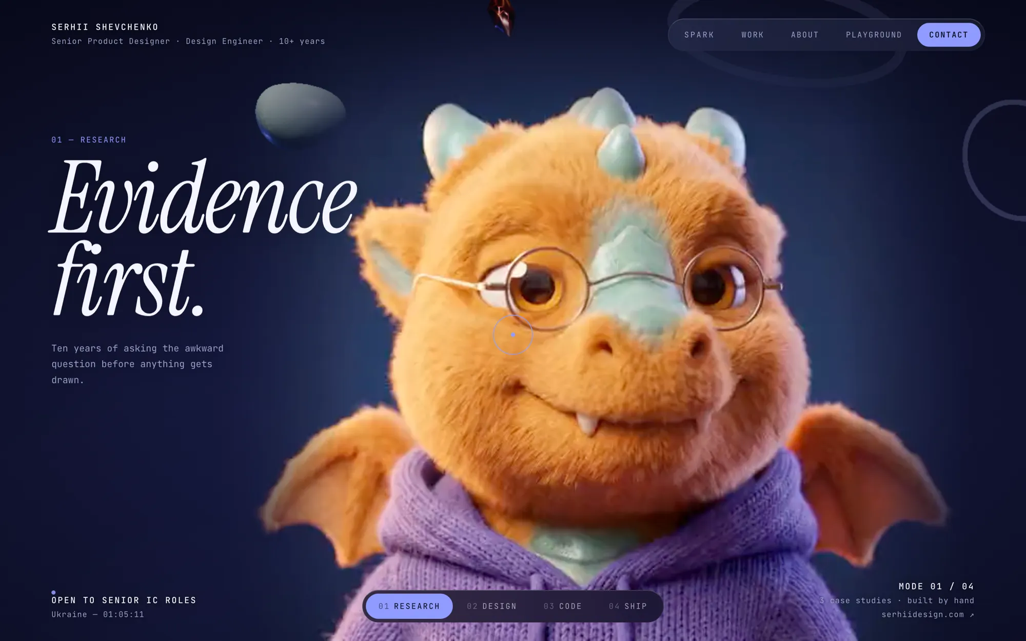 Research mode: the dragon in glasses and a purple hoodie on navy, with the line Evidence first.