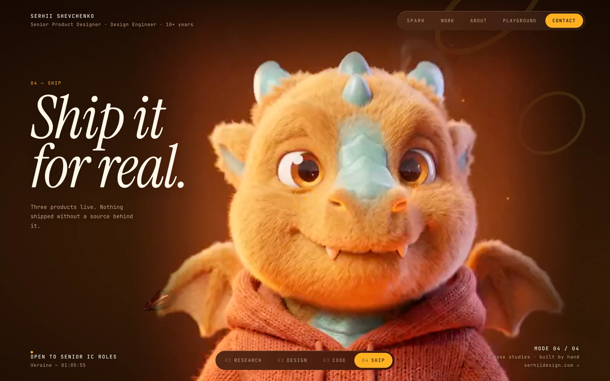 Ship mode: the dragon in an orange hoodie on burnt orange.
