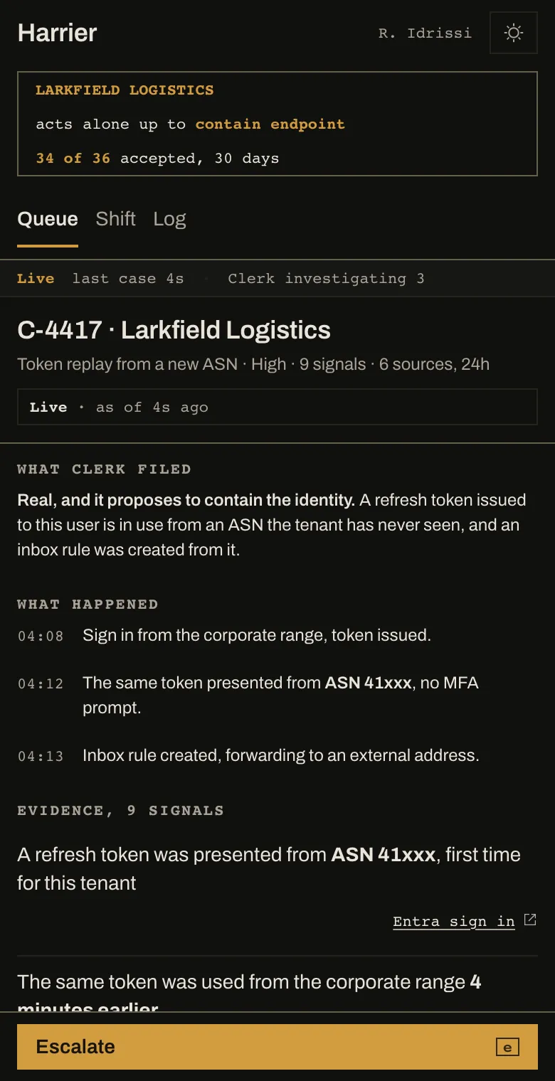 The Harrier case file on a phone, with the tenant's latitude, the timeline, evidence and an escalate button.