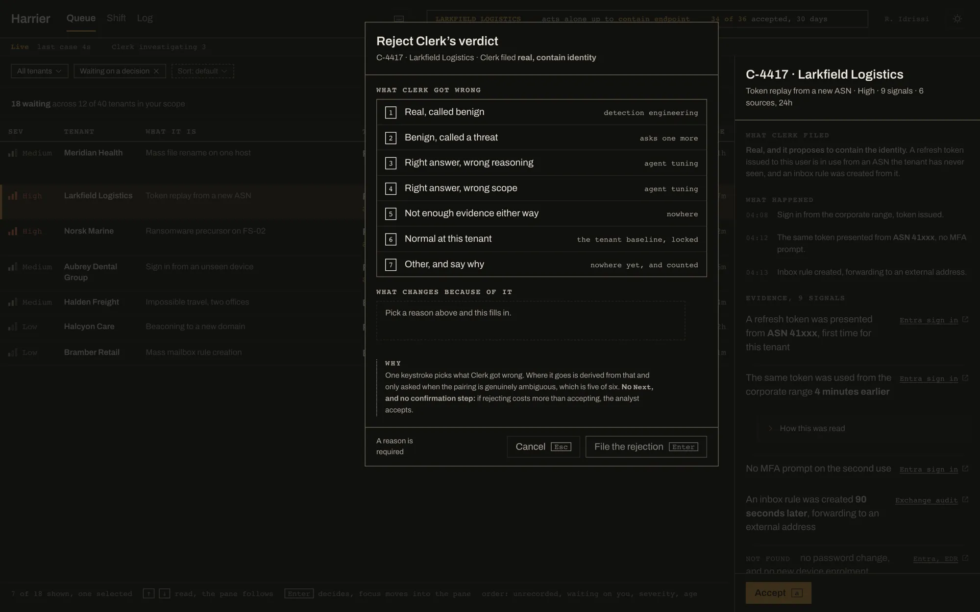 The Harrier reject dialog: a checklist of reasons over the dimmed queue.