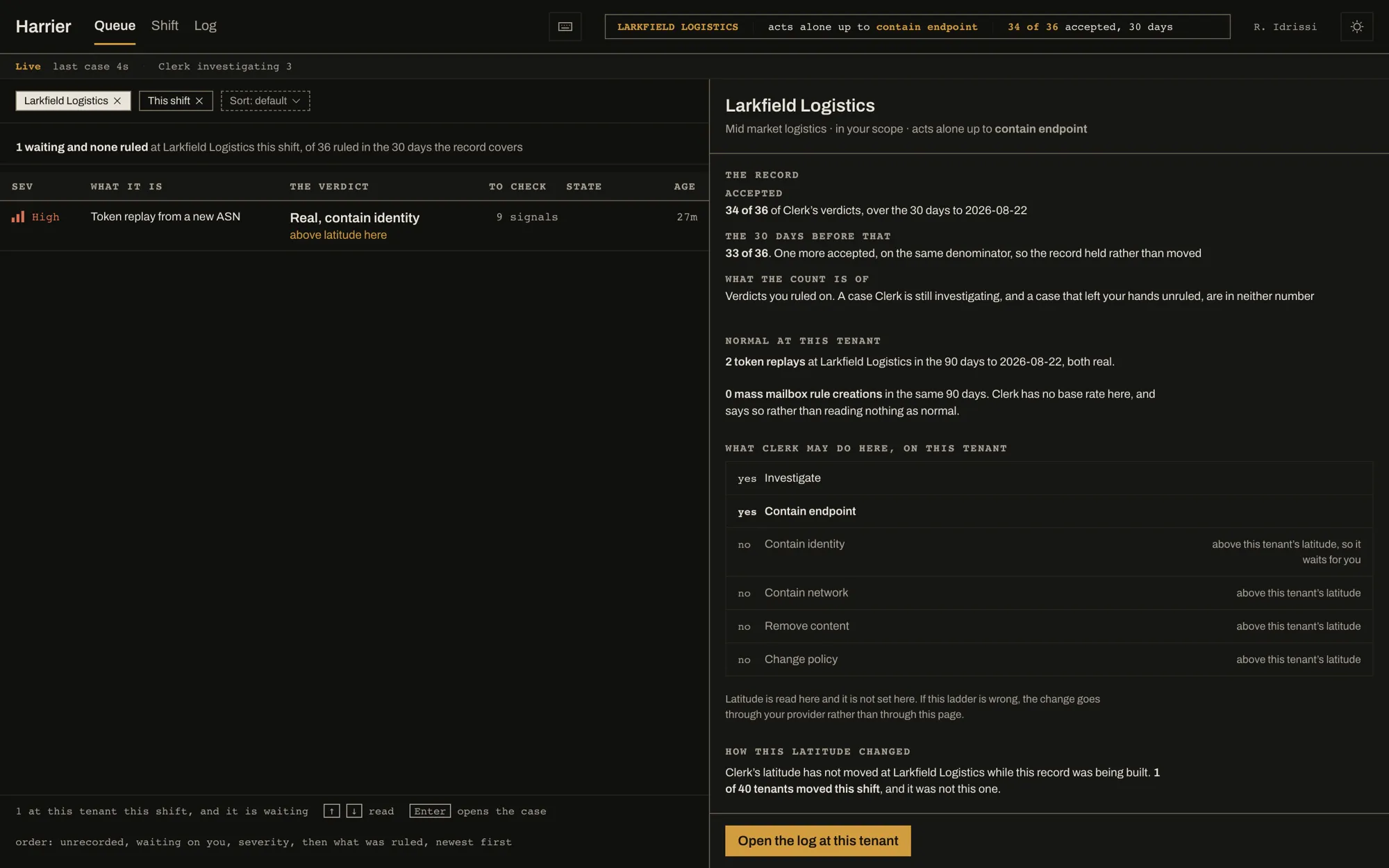 Harrier tenant detail: one client's latitude, what is normal there, and what Clerk may do at this tenant.