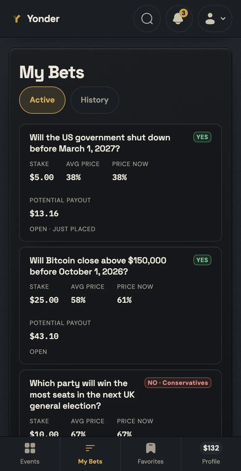 My bets on a phone: three open positions with stake, average price, price now and potential payout.