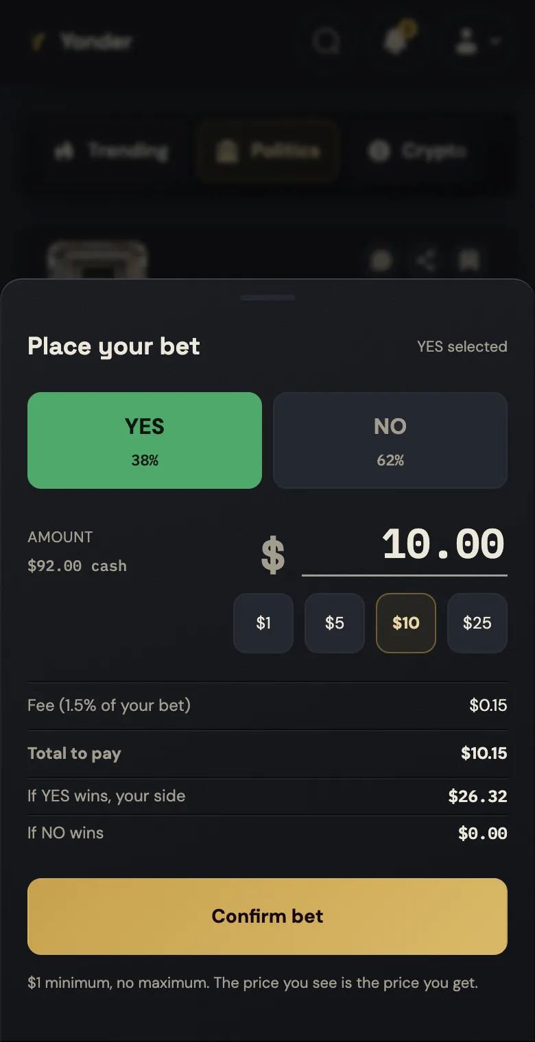 Place your bet on a phone: YES, 10 dollars, a 15 cent fee, 10 dollars 15 to pay, and 26 dollars 32 if YES wins.